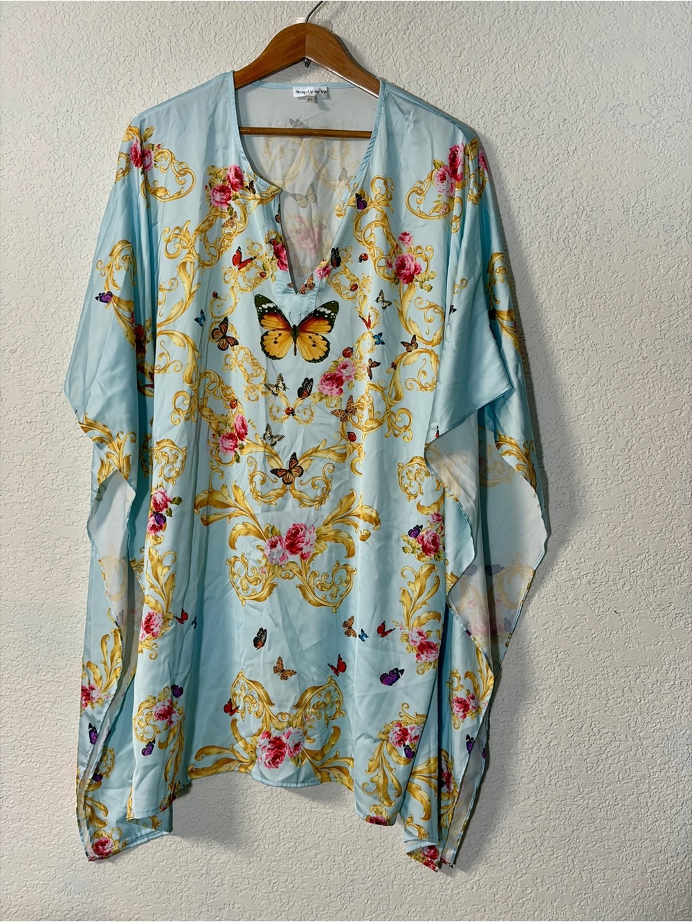 Butterfly-Print Light Blue Poly silk Short Caftan with Gold Accents